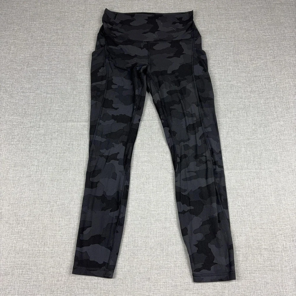 Lululemon Leggings Womens 8 Black Camo High Rise Ankle Pockets Yoga Gym Workout